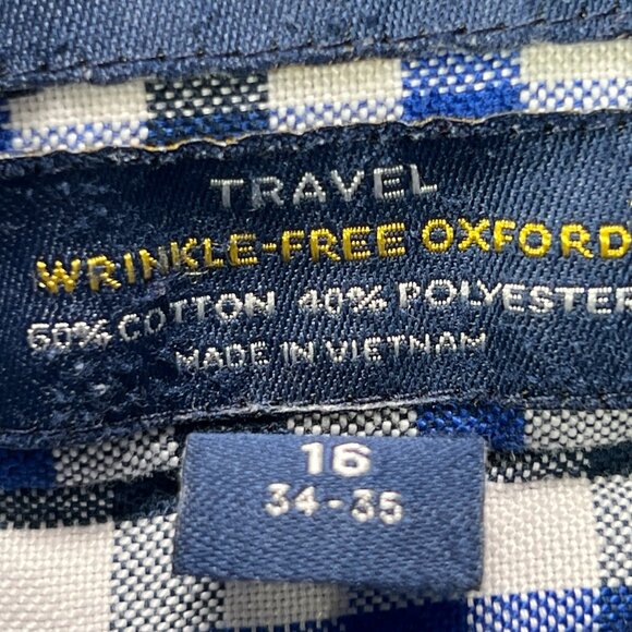 Stafford Travel Shirt Mens 16 34–35 Long Sleeve Blue Plaid Wrinkle Free Oxford - Picture 4 of 7